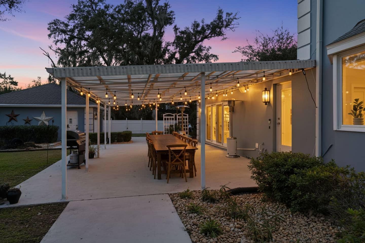 The patio at dusk — Lakeview Estate