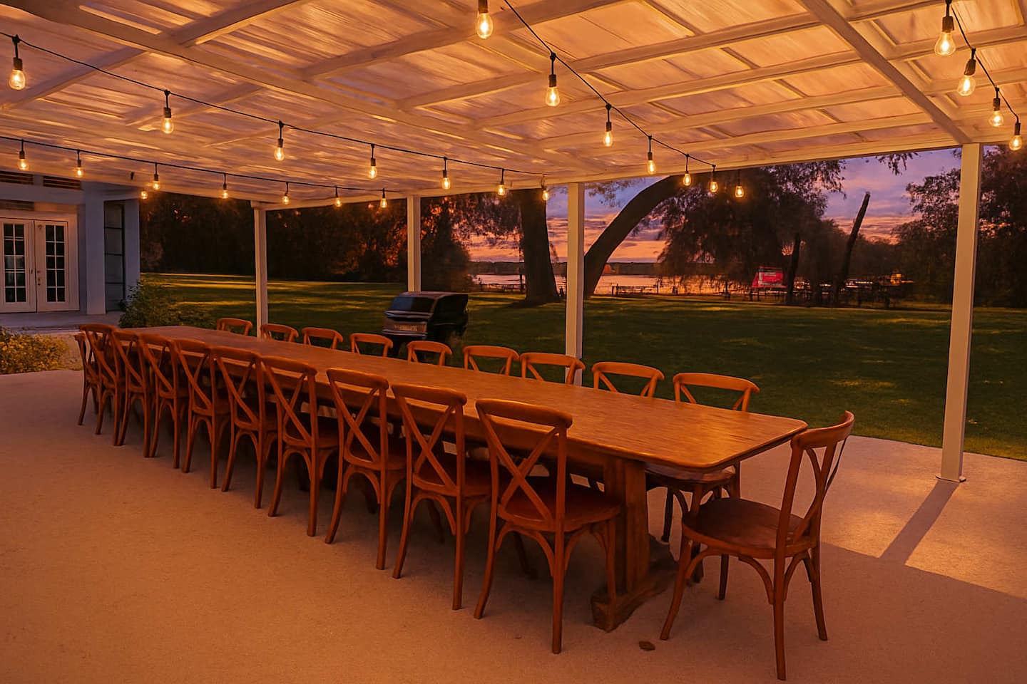 The covered patio at sunset — Lakeview Estate